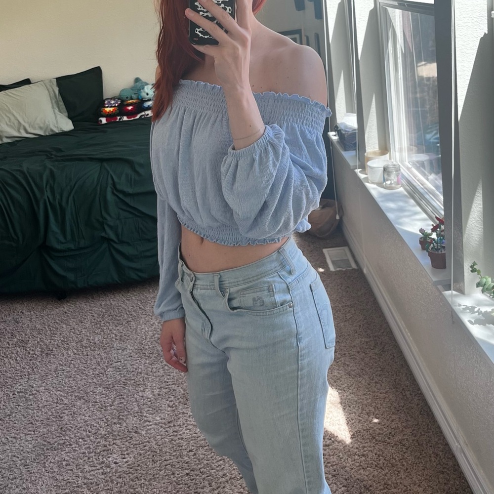 blue flowy off the shoulder crop top
